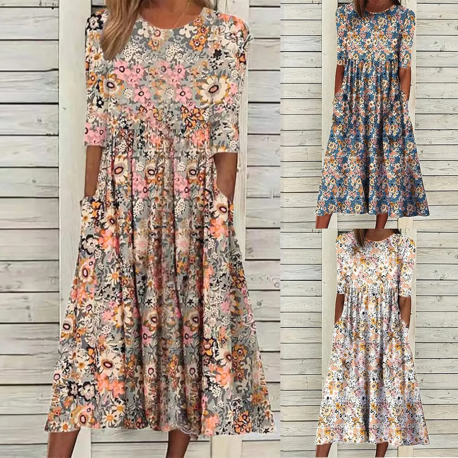 Womens Boho Dress Plus Size Casual Summer Short Sleeve Dresses Beach Maxi Dress Floral Pleated Long Dress Tunic Shirt