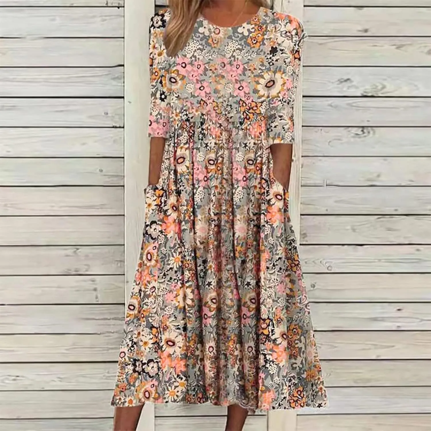 Womens Boho Dress Plus Size Casual Summer Short Sleeve Dresses Beach Maxi Dress Floral Pleated Long Dress Tunic Shirt