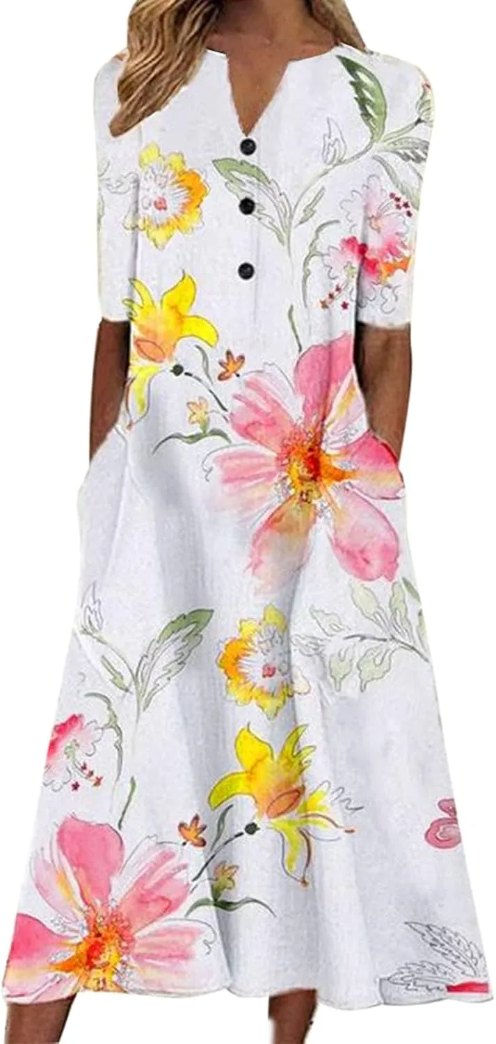Womens Boho Dress Plus Size Casual Summer Short Sleeve Dresses Beach Maxi Dress Floral Pleated Long Dress Tunic Shirt