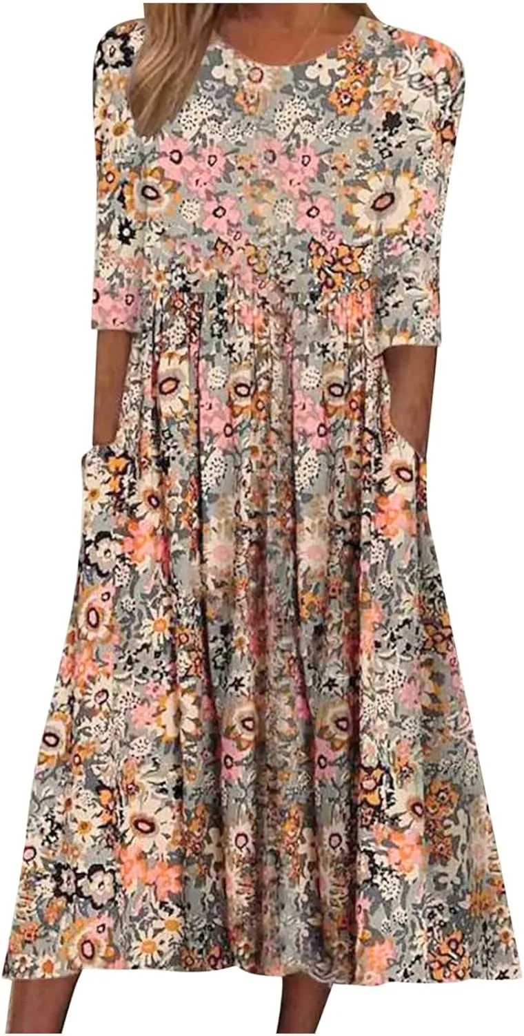 Womens Boho Dress Plus Size Casual Summer Short Sleeve Dresses Beach Maxi Dress Floral Pleated Long Dress Tunic Shirt