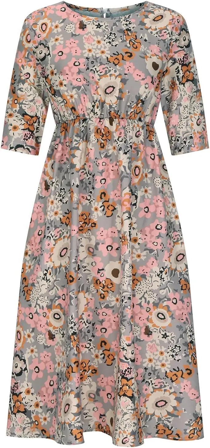 Womens Boho Dress Plus Size Casual Summer Short Sleeve Dresses Beach Maxi Dress Floral Pleated Long Dress Tunic Shirt