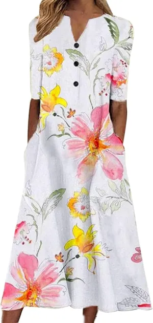 Womens Boho Dress Plus Size Casual Summer Short Sleeve Dresses Beach Maxi Dress Floral Pleated Long Dress Tunic Shirt