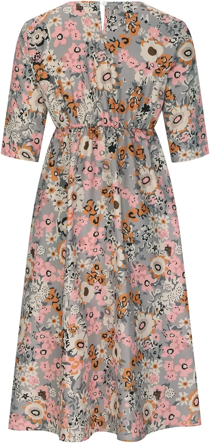 Womens Boho Dress Plus Size Casual Summer Short Sleeve Dresses Beach Maxi Dress Floral Pleated Long Dress Tunic Shirt