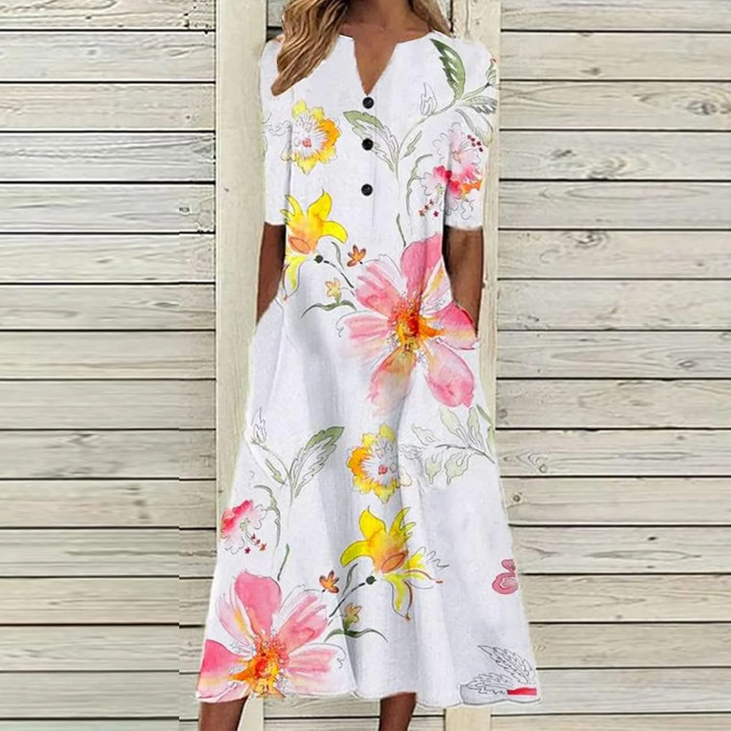Womens Boho Dress Plus Size Casual Summer Short Sleeve Dresses Beach Maxi Dress Floral Pleated Long Dress Tunic Shirt