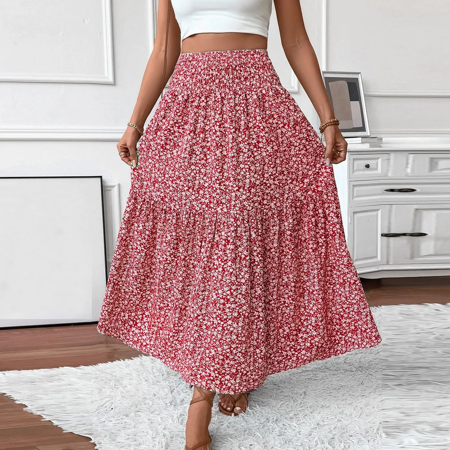 Women's Boho Skirts Summer Casual Loose Trendy Elastic Waist Floral Printed Bohemian Flowy A-Line Skirt 2025, S-XL
