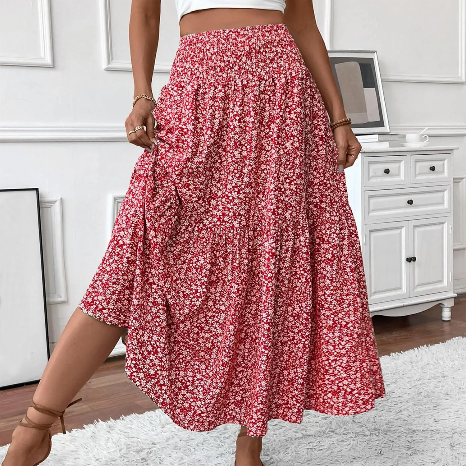 Women's Boho Skirts Summer Casual Loose Trendy Elastic Waist Floral Printed Bohemian Flowy A-Line Skirt 2025, S-XL