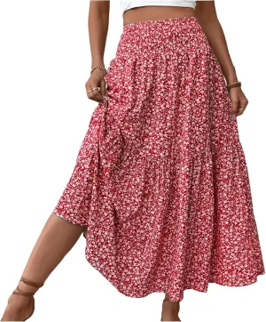 Women's Boho Skirts Summer Casual Loose Trendy Elastic Waist Floral Printed Bohemian Flowy A-Line Skirt 2025, S-XL