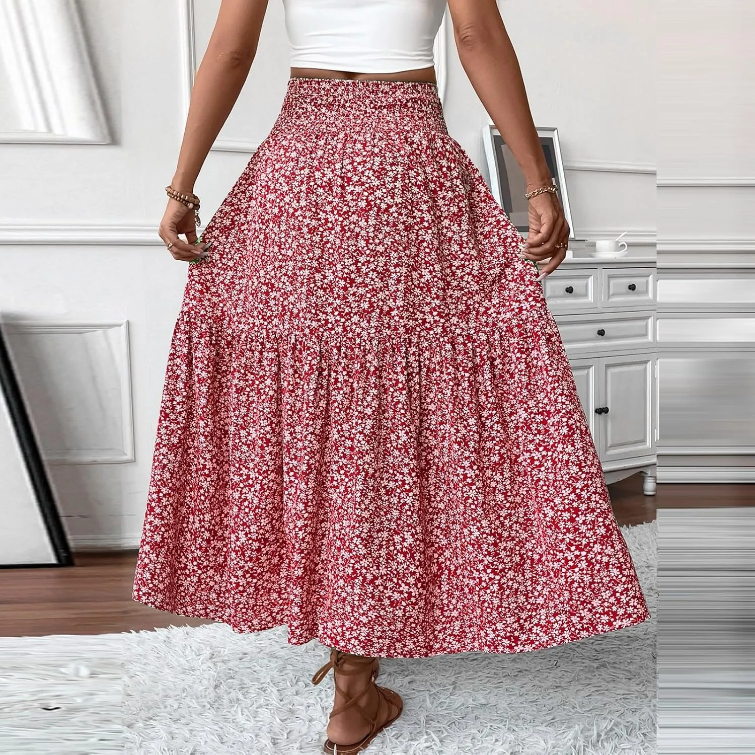 Women's Boho Skirts Summer Casual Loose Trendy Elastic Waist Floral Printed Bohemian Flowy A-Line Skirt 2025, S-XL