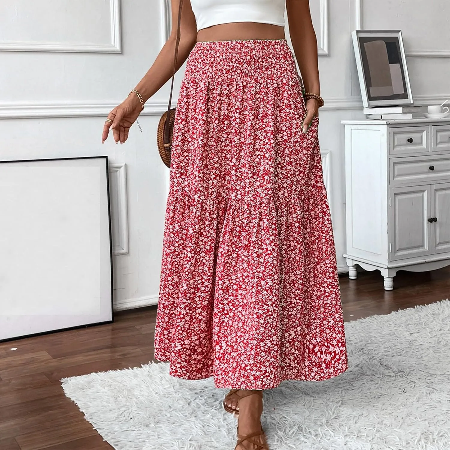 Women's Boho Skirts Summer Casual Loose Trendy Elastic Waist Floral Printed Bohemian Flowy A-Line Skirt 2025, S-XL