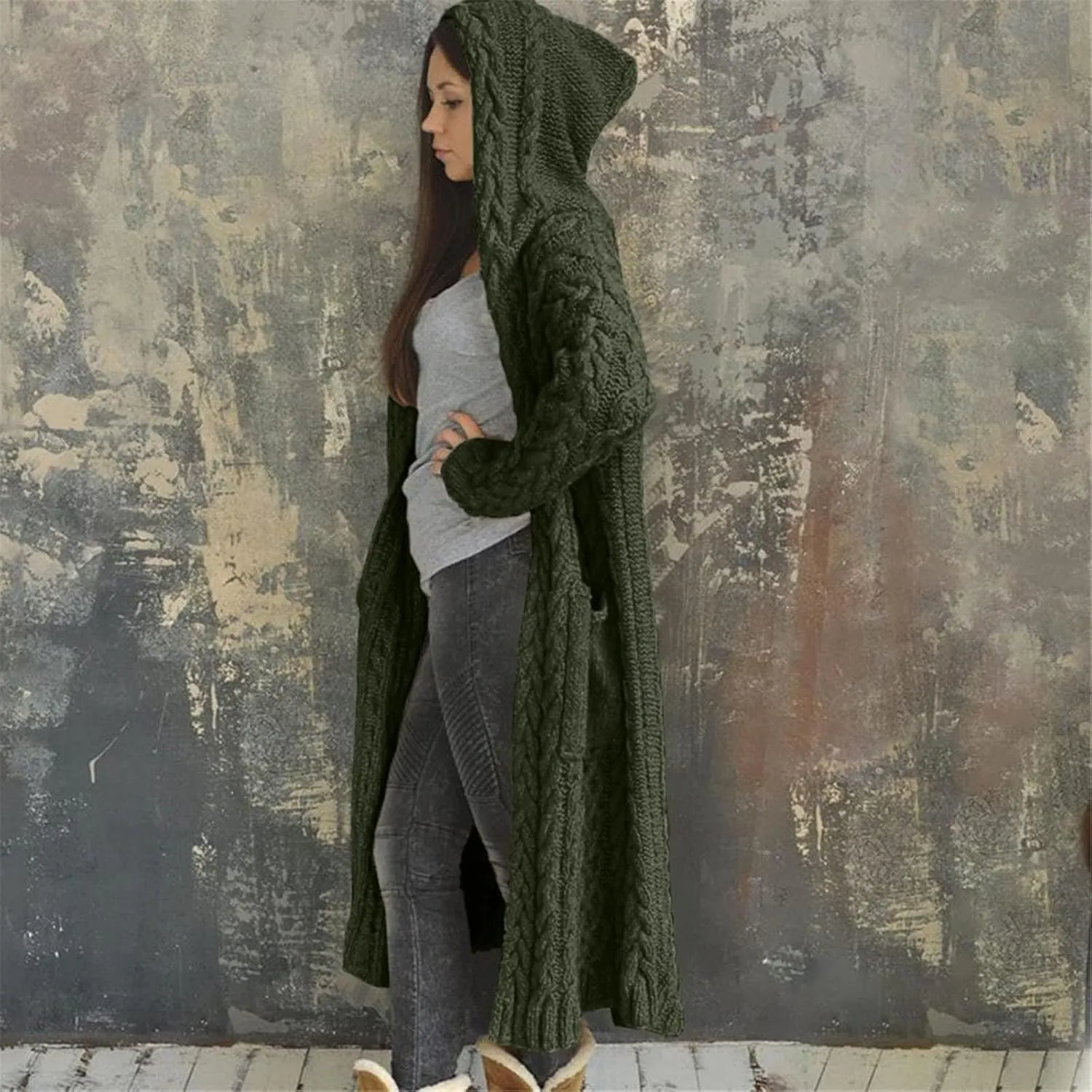 Womens Cardigan Long Sweaters Chunky Twists Cable Knitted Coats Open Front Hooded Outwear 2023 Trendy Warm Sweater