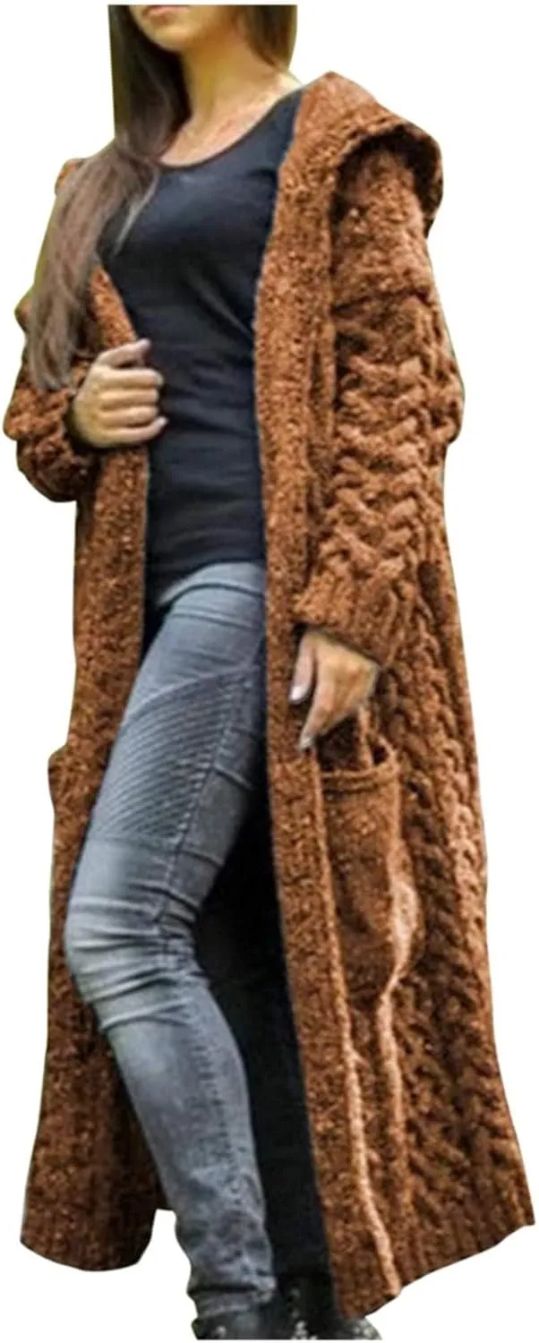 Womens Cardigan Long Sweaters Chunky Twists Cable Knitted Coats Open Front Hooded Outwear 2023 Trendy Warm Sweater