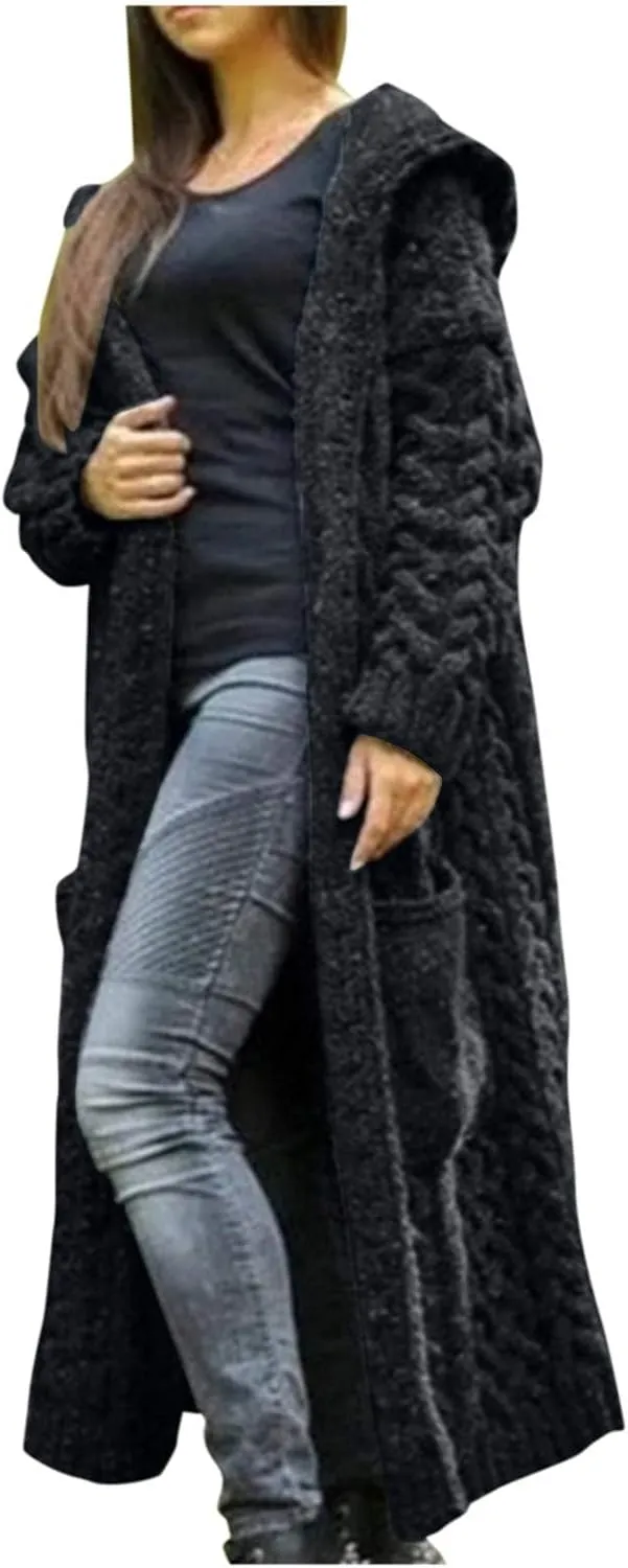 Womens Cardigan Long Sweaters Chunky Twists Cable Knitted Coats Open Front Hooded Outwear 2023 Trendy Warm Sweater