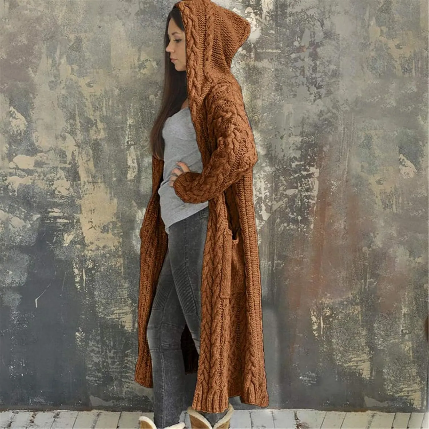 Womens Cardigan Long Sweaters Chunky Twists Cable Knitted Coats Open Front Hooded Outwear 2023 Trendy Warm Sweater