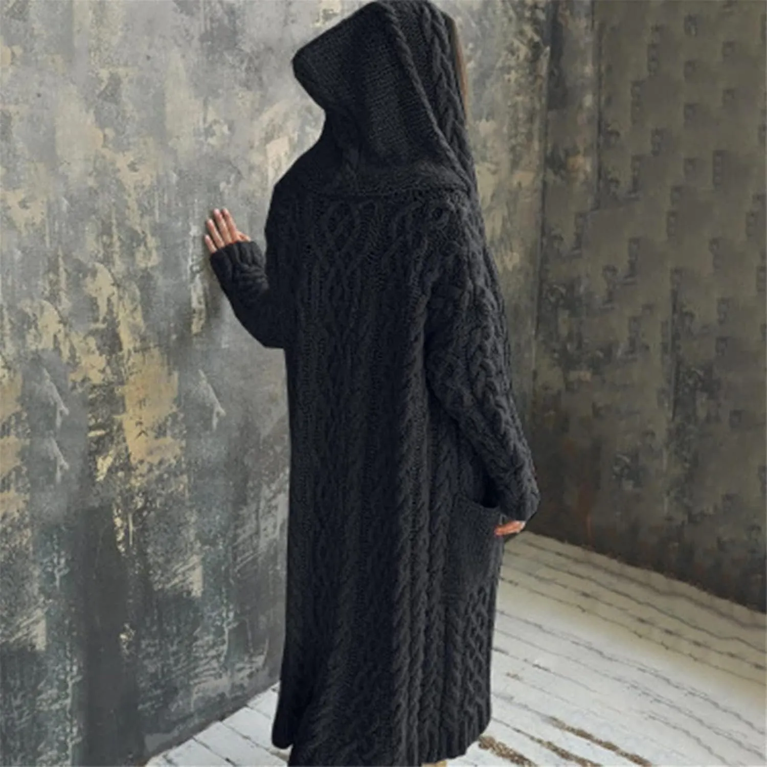 Womens Cardigan Long Sweaters Chunky Twists Cable Knitted Coats Open Front Hooded Outwear 2023 Trendy Warm Sweater