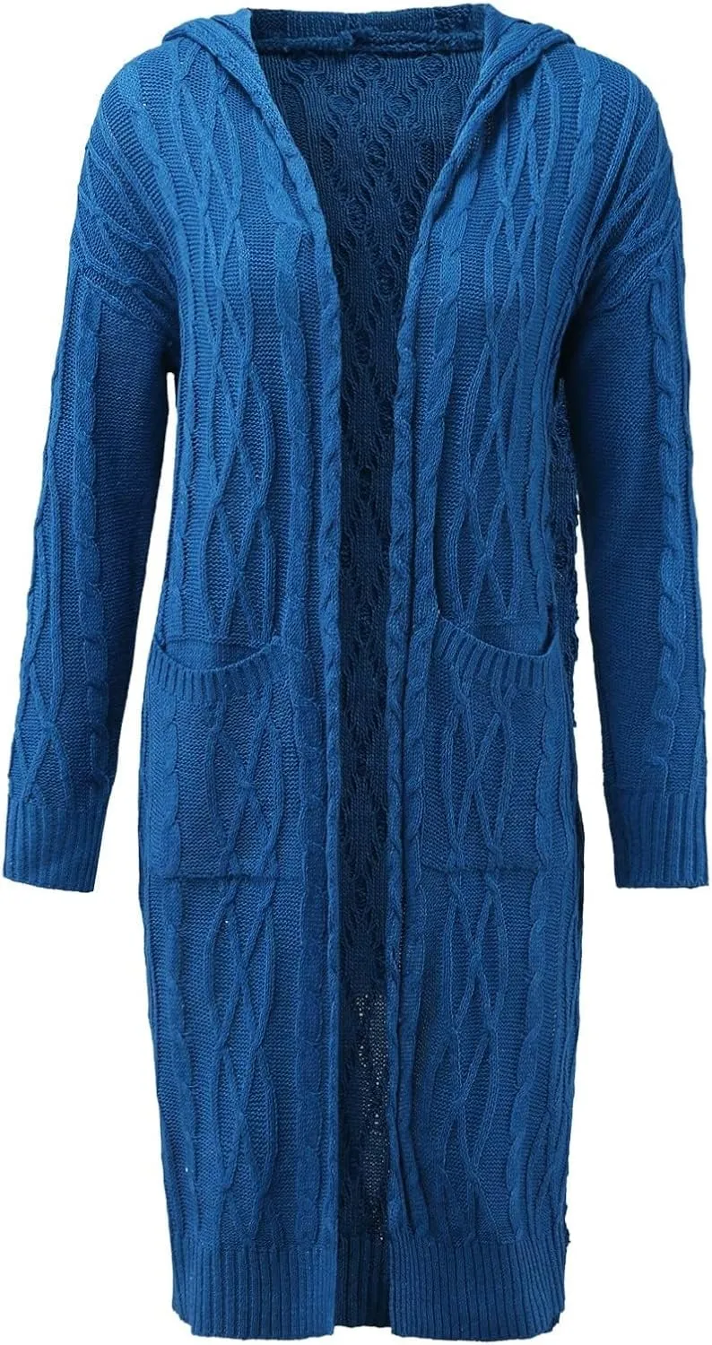 Womens Cardigan Long Sweaters Chunky Twists Cable Knitted Coats Open Front Hooded Outwear 2023 Trendy Warm Sweater