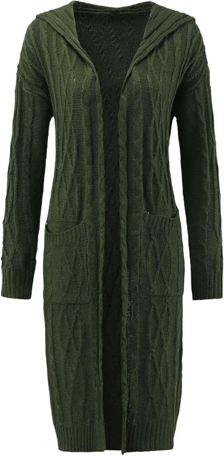 Womens Cardigan Long Sweaters Chunky Twists Cable Knitted Coats Open Front Hooded Outwear 2023 Trendy Warm Sweater