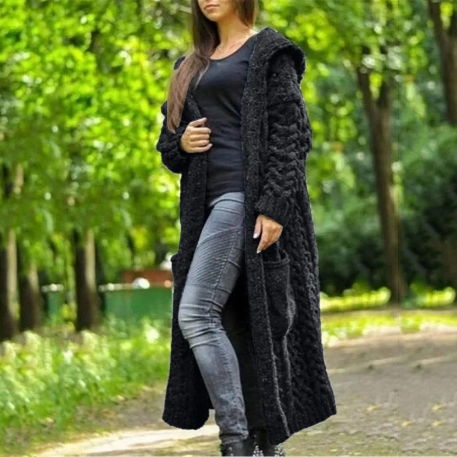 Womens Cardigan Long Sweaters Chunky Twists Cable Knitted Coats Open Front Hooded Outwear 2023 Trendy Warm Sweater