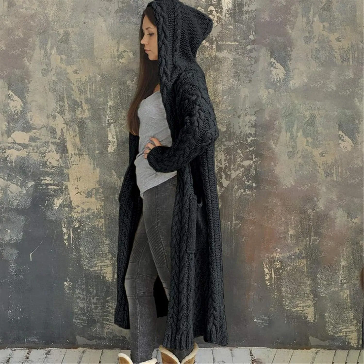 Womens Cardigan Long Sweaters Chunky Twists Cable Knitted Coats Open Front Hooded Outwear 2023 Trendy Warm Sweater