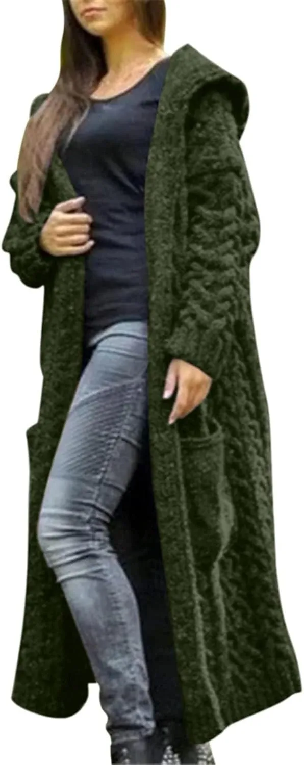 Womens Cardigan Long Sweaters Chunky Twists Cable Knitted Coats Open Front Hooded Outwear 2023 Trendy Warm Sweater