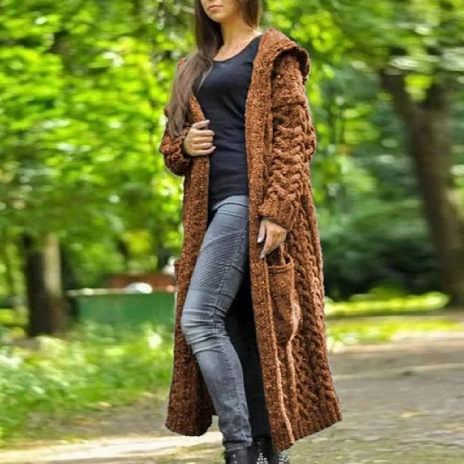 Womens Cardigan Long Sweaters Chunky Twists Cable Knitted Coats Open Front Hooded Outwear 2023 Trendy Warm Sweater