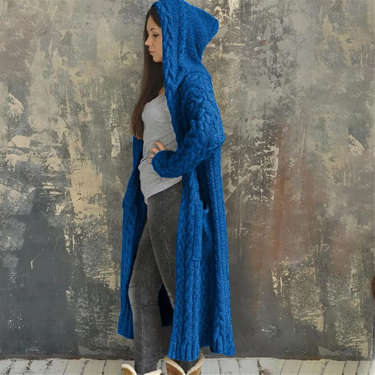 Womens Cardigan Long Sweaters Chunky Twists Cable Knitted Coats Open Front Hooded Outwear 2023 Trendy Warm Sweater