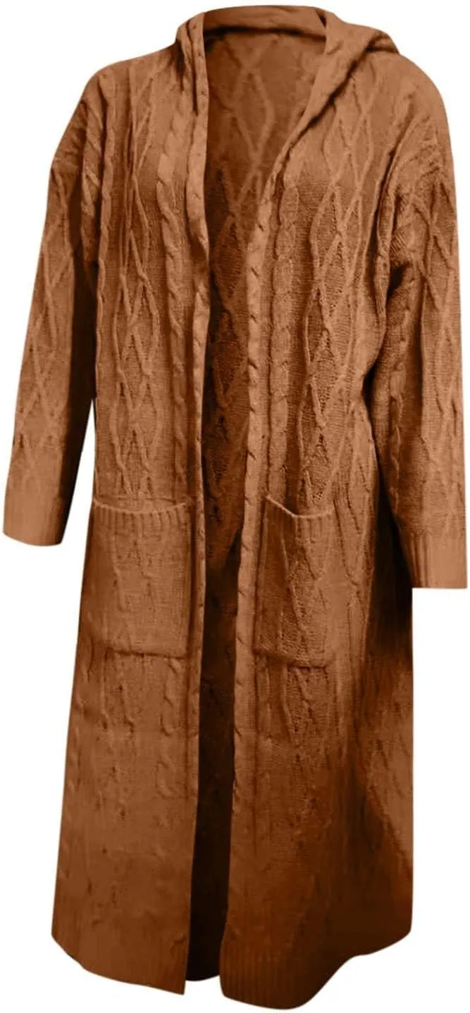 Womens Cardigan Long Sweaters Chunky Twists Cable Knitted Coats Open Front Hooded Outwear 2023 Trendy Warm Sweater