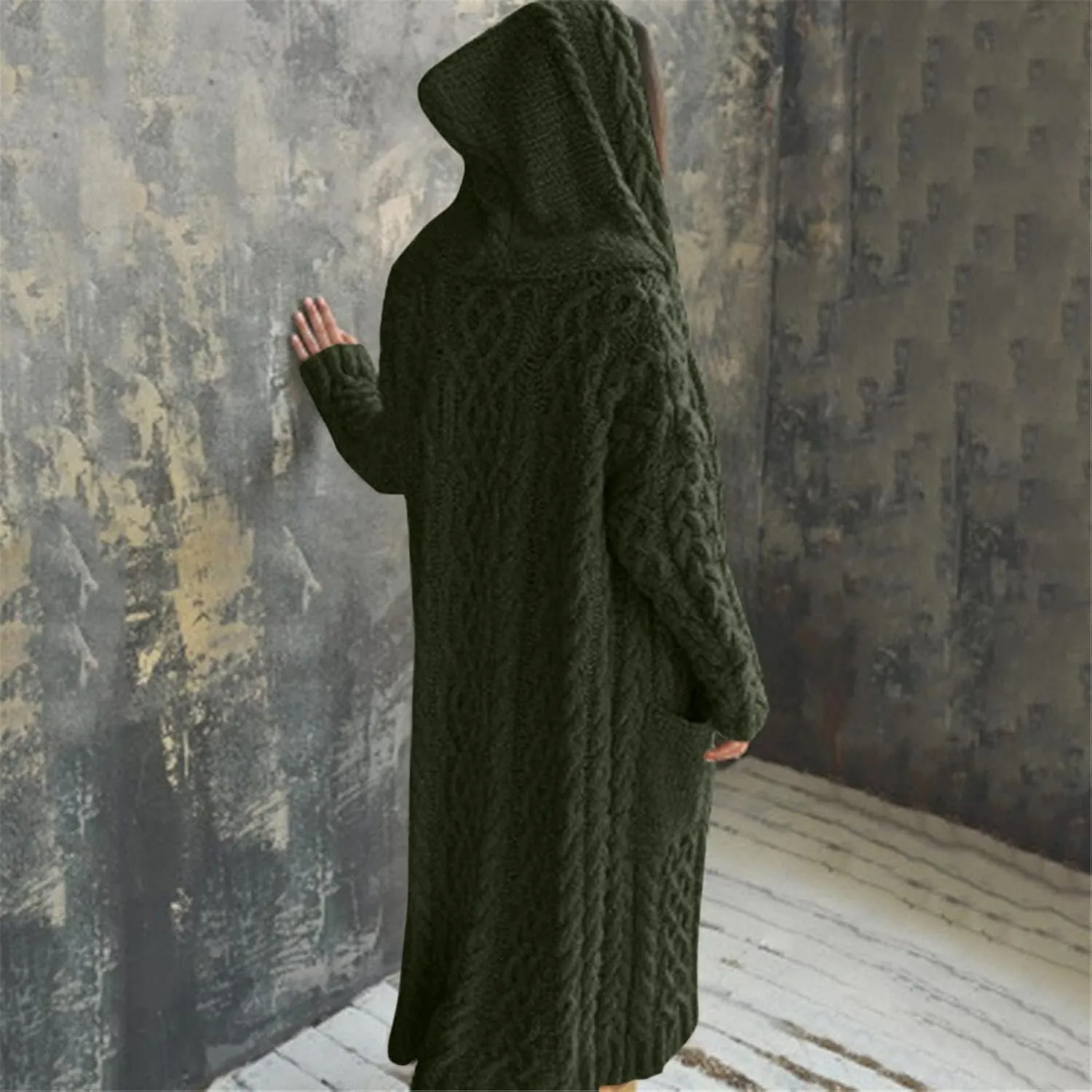 Womens Cardigan Long Sweaters Chunky Twists Cable Knitted Coats Open Front Hooded Outwear 2023 Trendy Warm Sweater