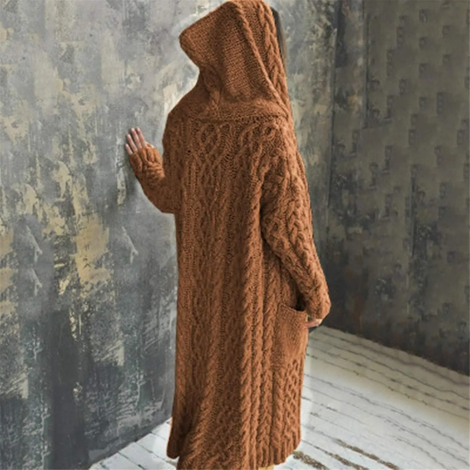 Womens Cardigan Long Sweaters Chunky Twists Cable Knitted Coats Open Front Hooded Outwear 2023 Trendy Warm Sweater