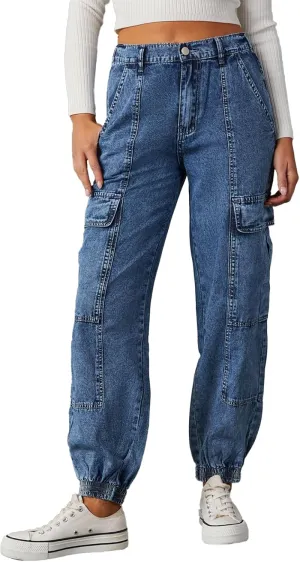 Women's Cargo Jogger Jeans Elastic High Waist Slim Denim Cargo Pants Flap Pocket Y2K Streetwear Casual Trousers