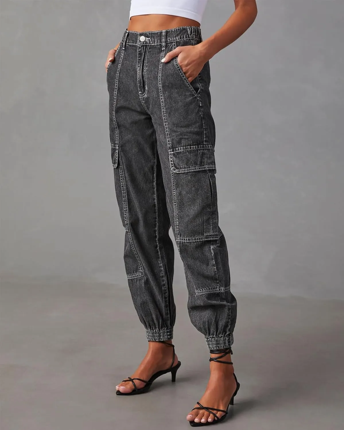 Women's Cargo Jogger Jeans Elastic High Waist Slim Denim Cargo Pants Flap Pocket Y2K Streetwear Casual Trousers