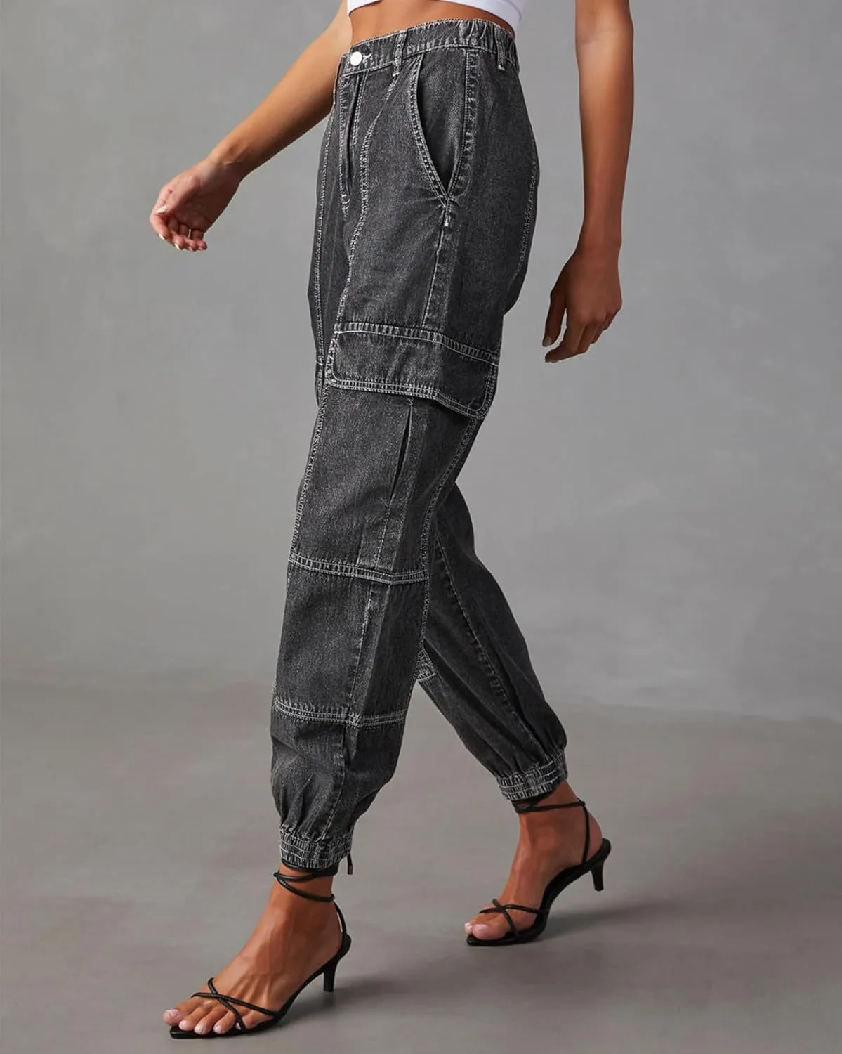 Women's Cargo Jogger Jeans Elastic High Waist Slim Denim Cargo Pants Flap Pocket Y2K Streetwear Casual Trousers
