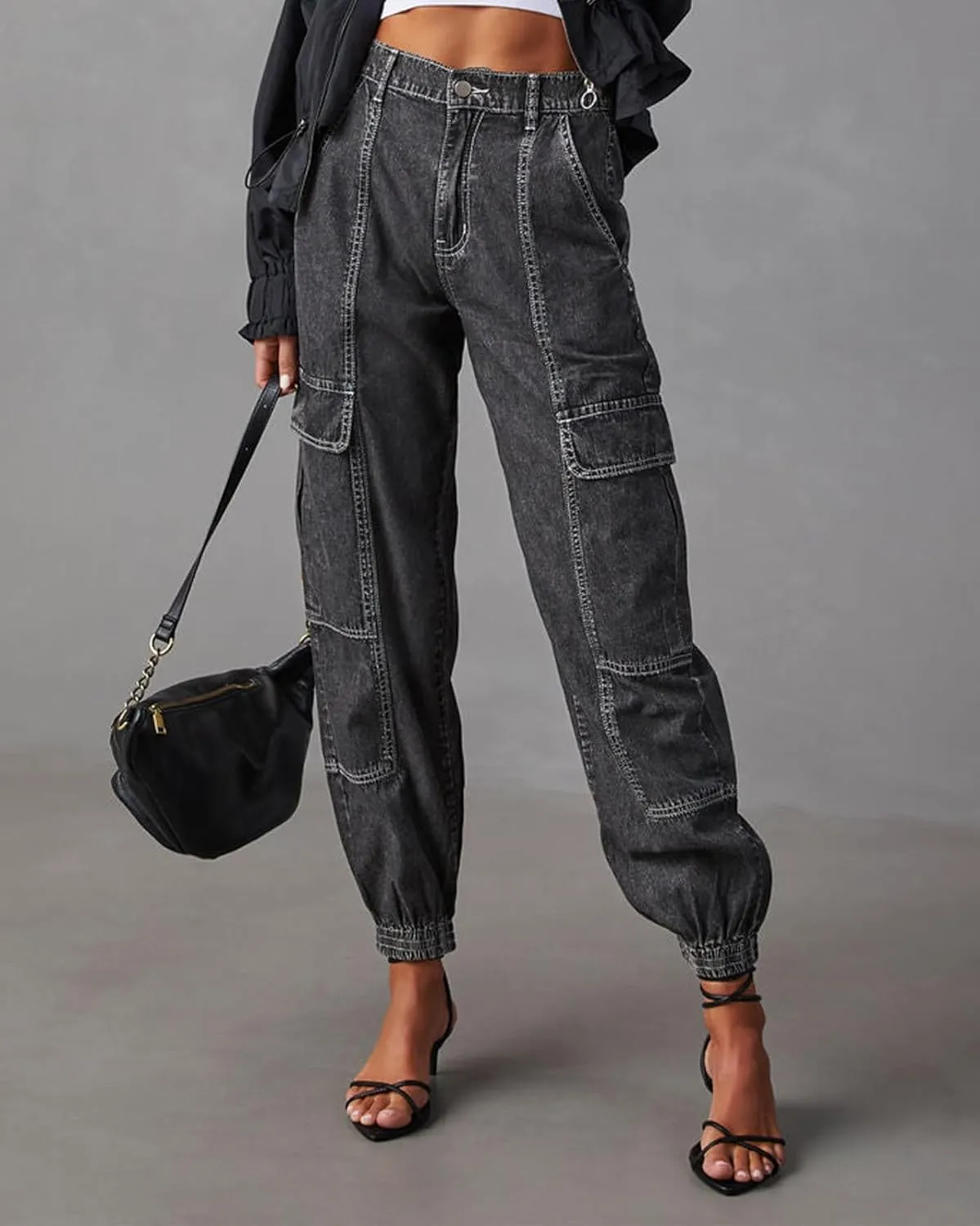 Women's Cargo Jogger Jeans Elastic High Waist Slim Denim Cargo Pants Flap Pocket Y2K Streetwear Casual Trousers