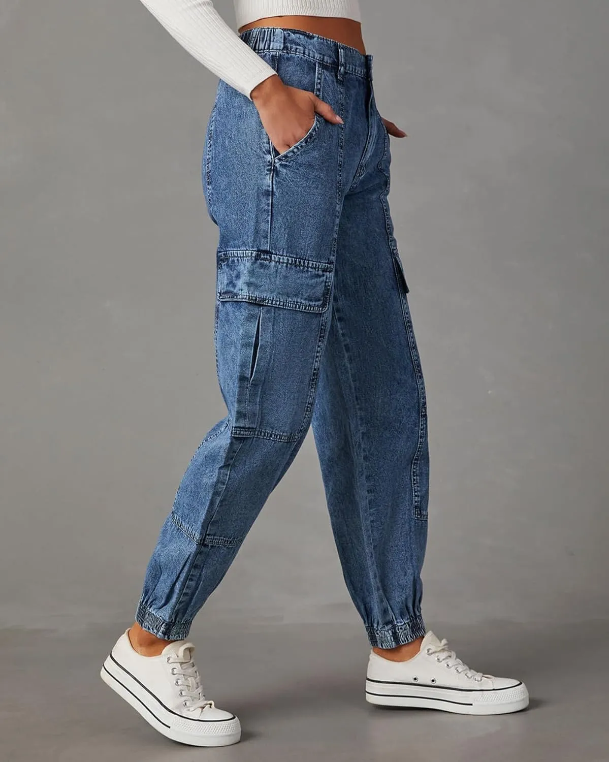 Women's Cargo Jogger Jeans Elastic High Waist Slim Denim Cargo Pants Flap Pocket Y2K Streetwear Casual Trousers