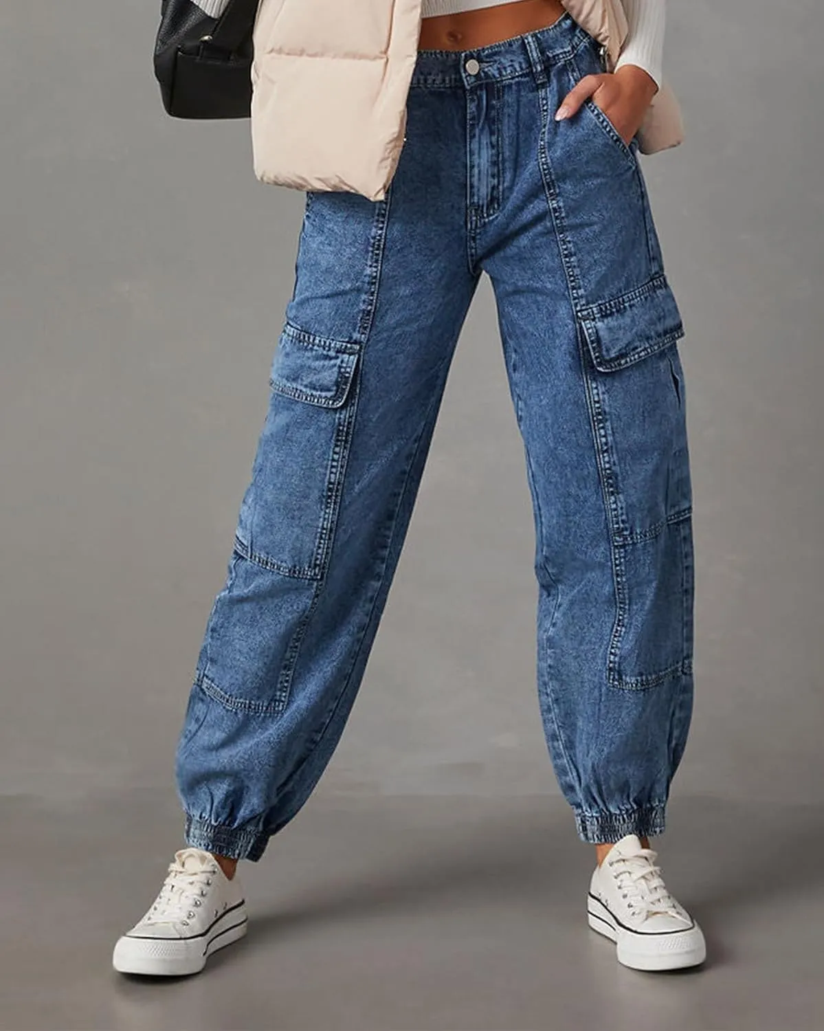 Women's Cargo Jogger Jeans Elastic High Waist Slim Denim Cargo Pants Flap Pocket Y2K Streetwear Casual Trousers