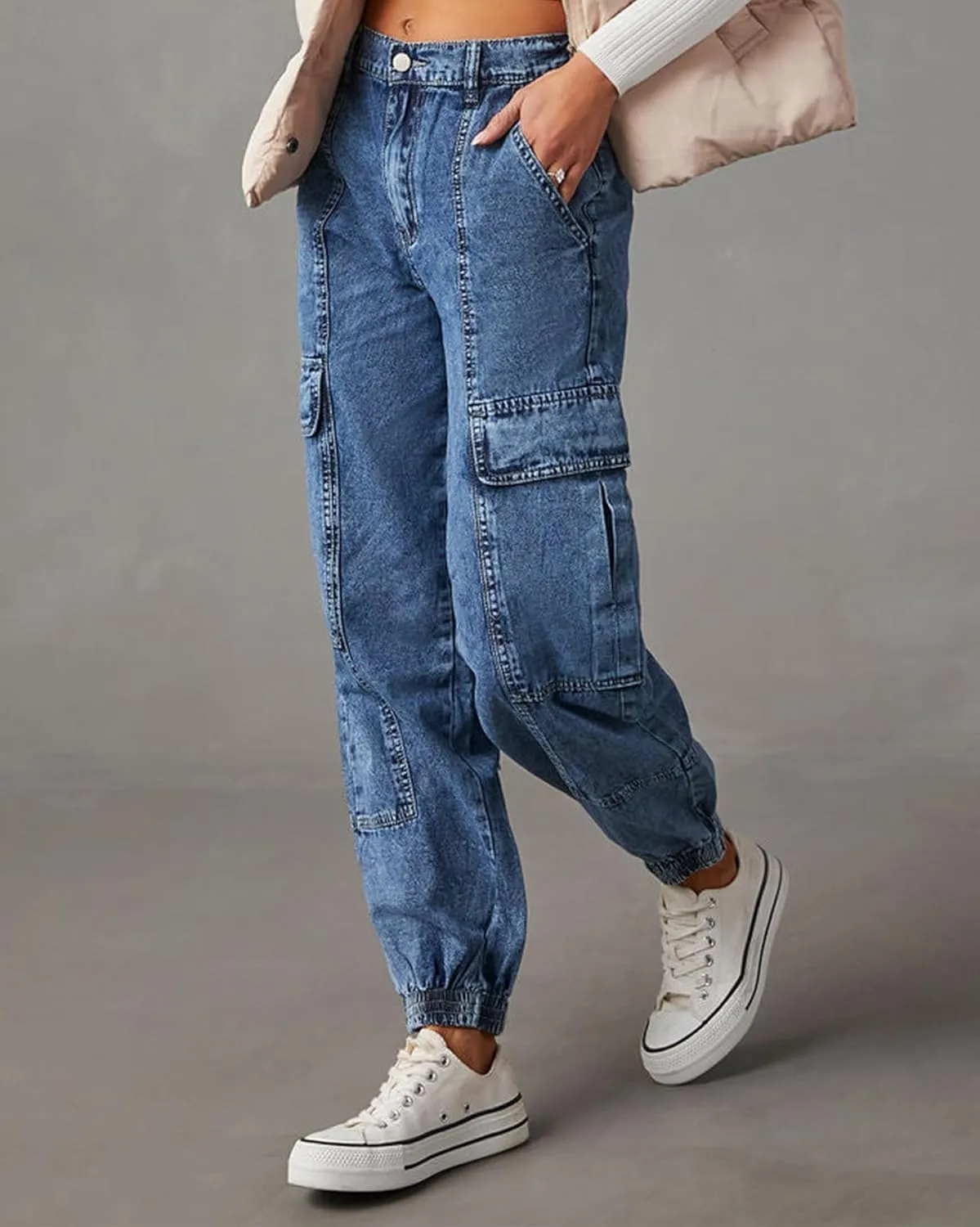 Women's Cargo Jogger Jeans Elastic High Waist Slim Denim Cargo Pants Flap Pocket Y2K Streetwear Casual Trousers