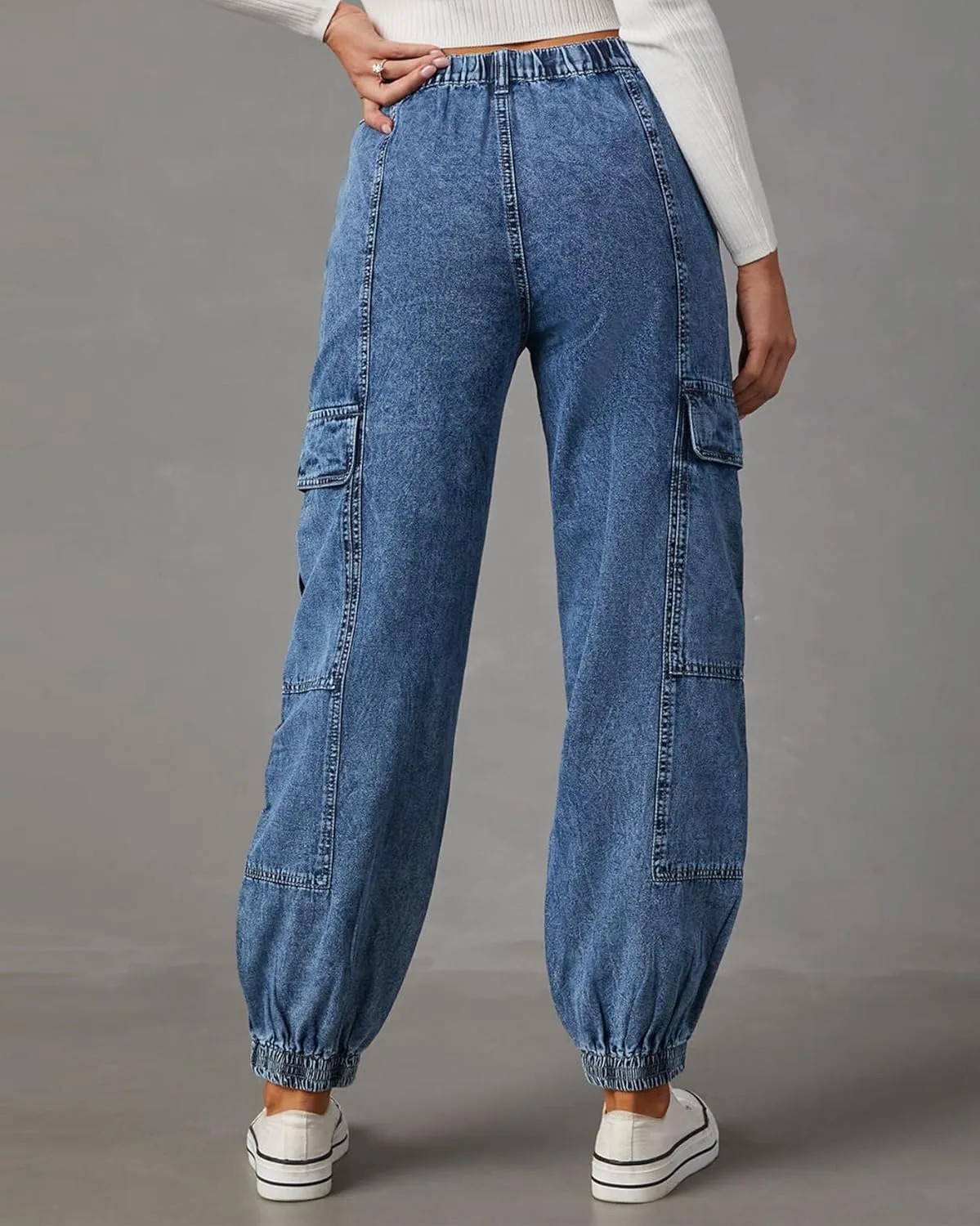 Women's Cargo Jogger Jeans Elastic High Waist Slim Denim Cargo Pants Flap Pocket Y2K Streetwear Casual Trousers