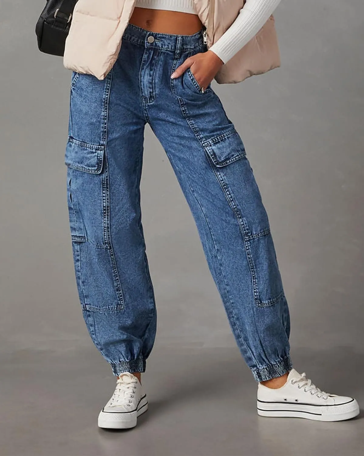 Women's Cargo Jogger Jeans Elastic High Waist Slim Denim Cargo Pants Flap Pocket Y2K Streetwear Casual Trousers