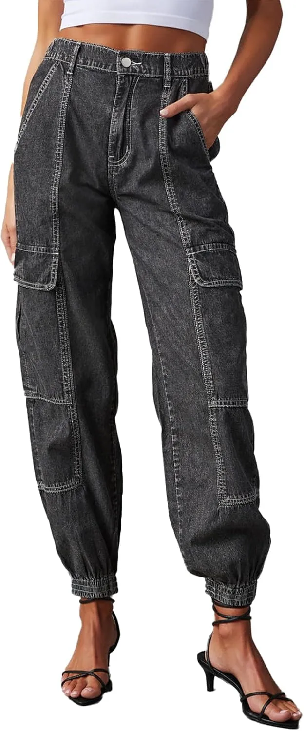 Women's Cargo Jogger Jeans Elastic High Waist Slim Denim Cargo Pants Flap Pocket Y2K Streetwear Casual Trousers