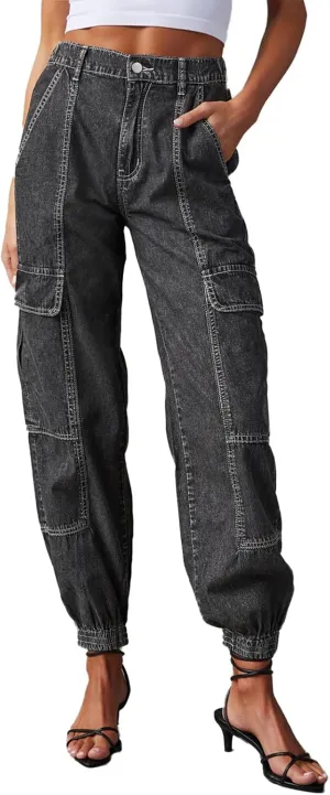 Women's Cargo Jogger Jeans Elastic High Waist Slim Denim Cargo Pants Flap Pocket Y2K Streetwear Casual Trousers