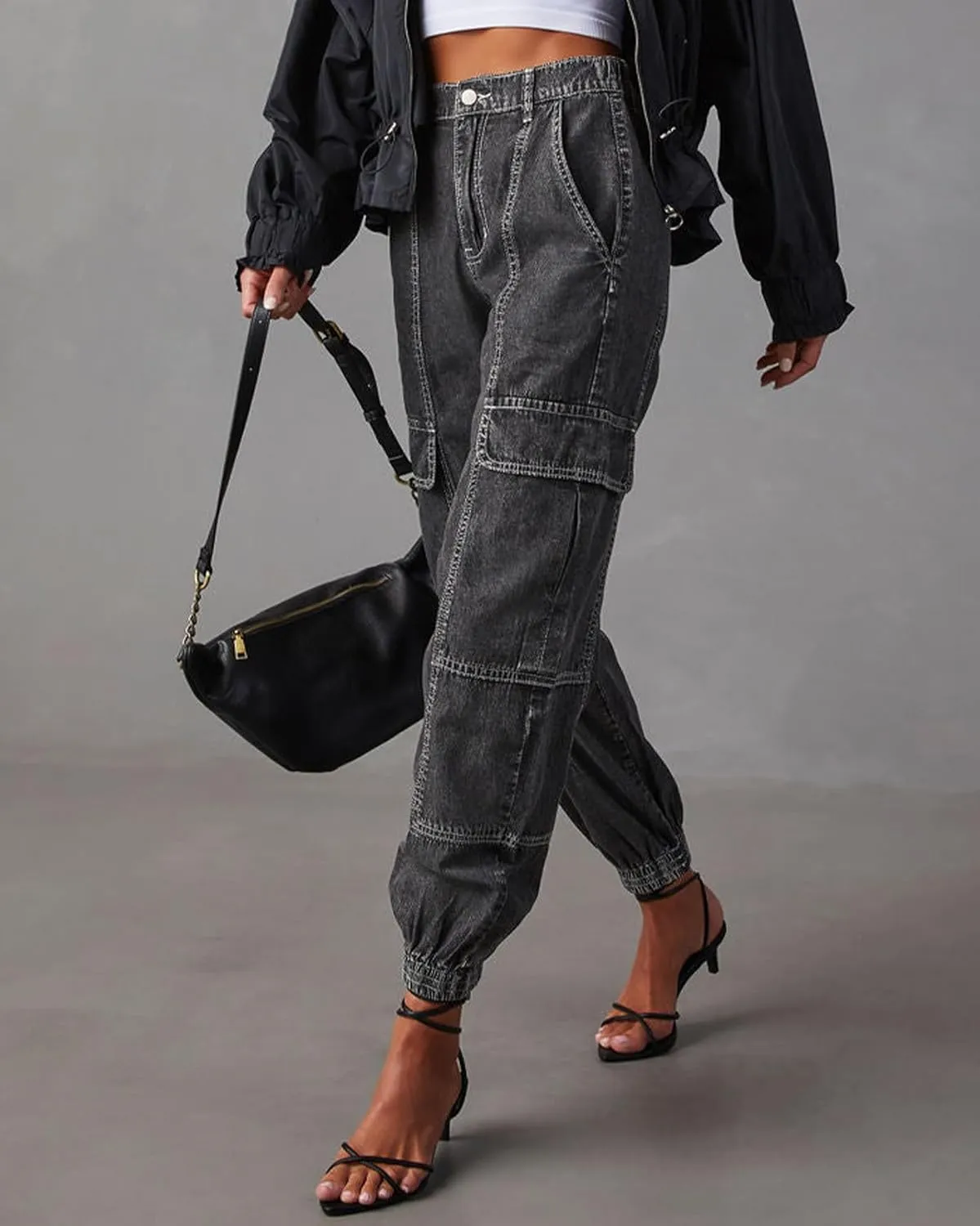 Women's Cargo Jogger Jeans Elastic High Waist Slim Denim Cargo Pants Flap Pocket Y2K Streetwear Casual Trousers