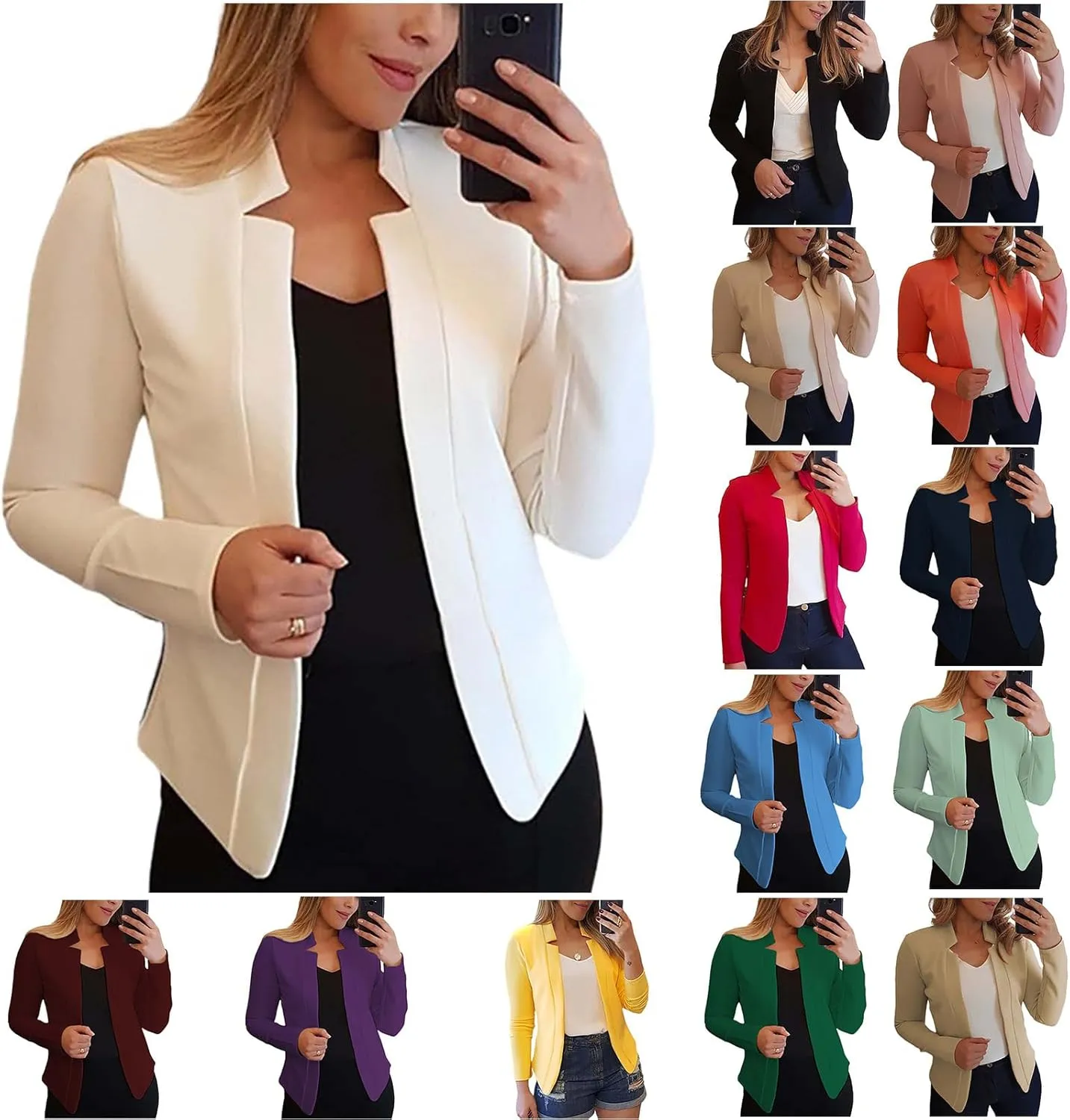 Womens Casual Blazer Jacket Open Front Long Sleeve Cardigan Jacket Slim Fit Business Work Suit Jacket Solid Color Coats