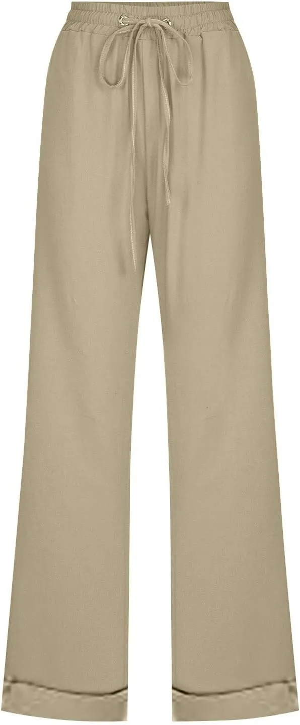 Womens Casual Cotton Linen Pants Lightweight Summer Relax Elastic Waist Plus Size Solid Lounge Long Trousers