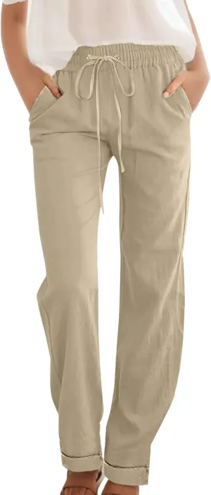 Womens Casual Cotton Linen Pants Lightweight Summer Relax Elastic Waist Plus Size Solid Lounge Long Trousers