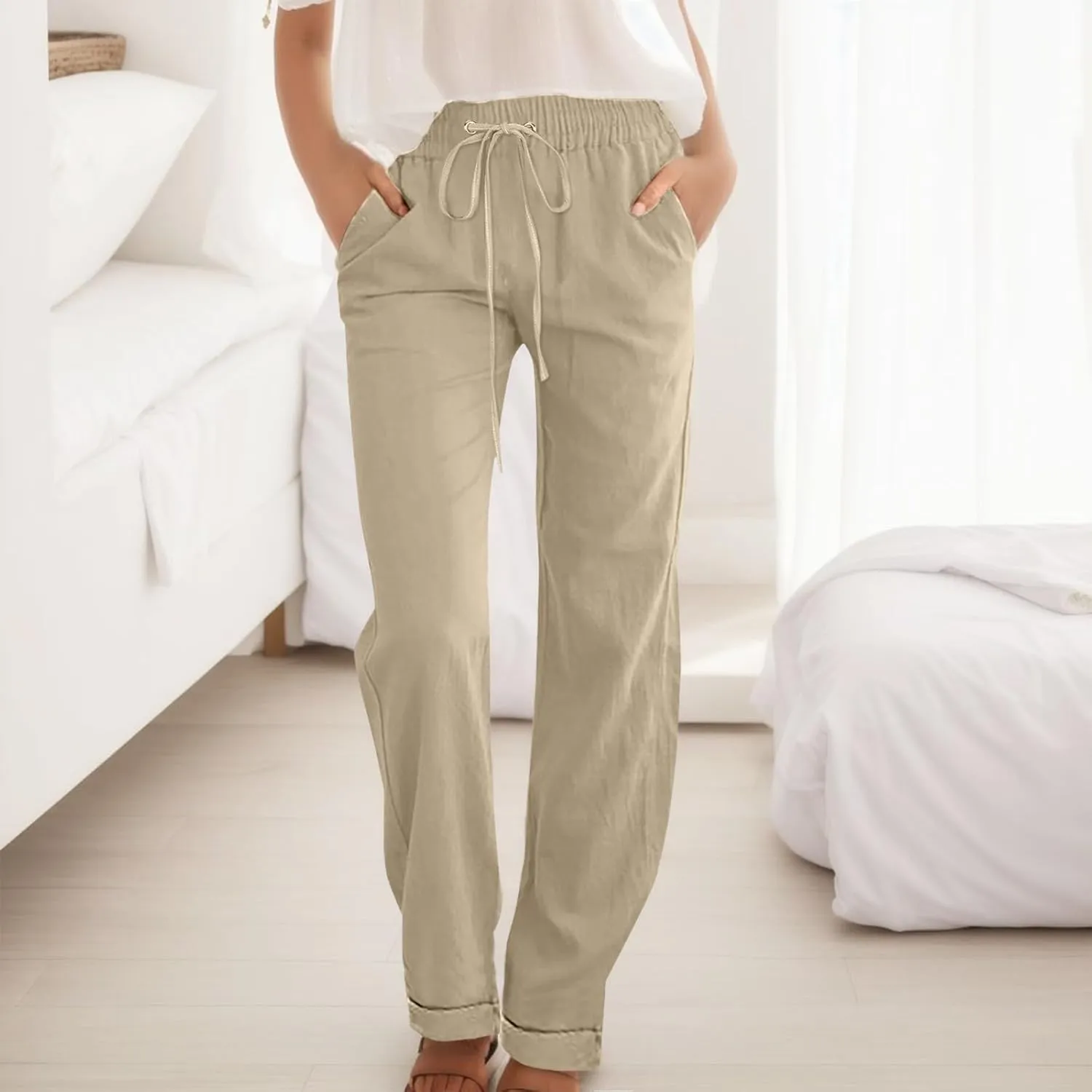 Womens Casual Cotton Linen Pants Lightweight Summer Relax Elastic Waist Plus Size Solid Lounge Long Trousers