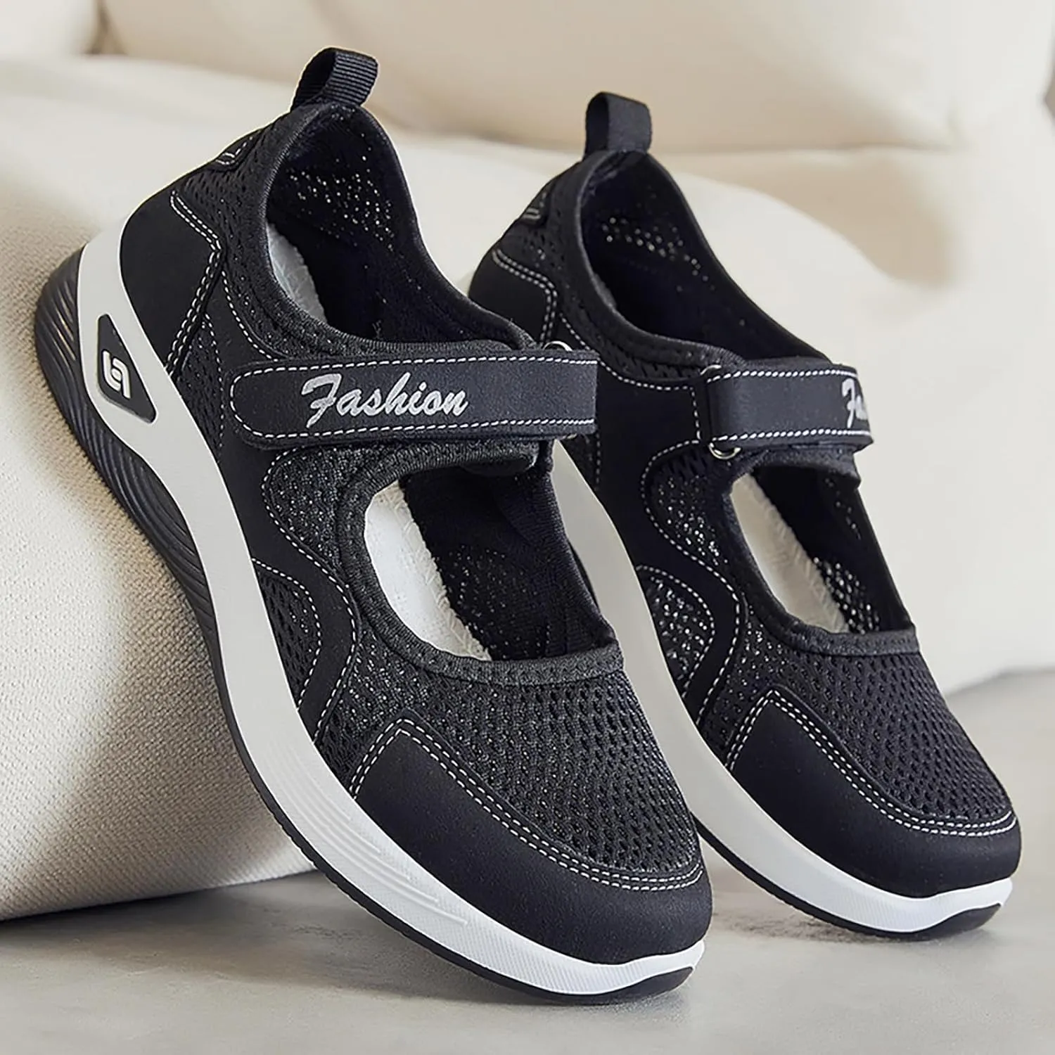 Womens Casual Sneakers Lightweight Flat Mary Jane Shoes Ladies Fashion Adjustable Easy On and Off Strap Working Nurse Shoes Mesh Breathable Walking Sneakers