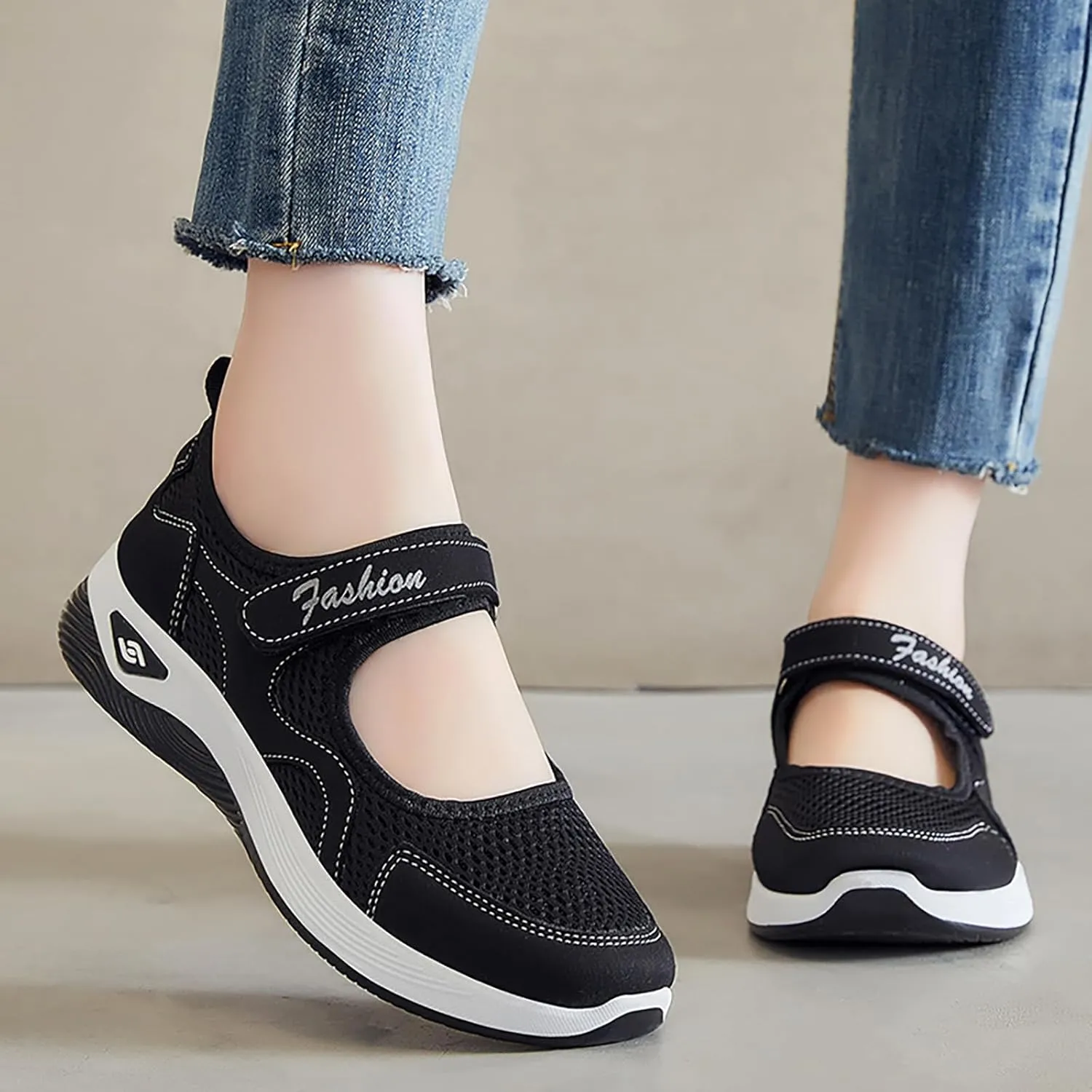 Womens Casual Sneakers Lightweight Flat Mary Jane Shoes Ladies Fashion Adjustable Easy On and Off Strap Working Nurse Shoes Mesh Breathable Walking Sneakers