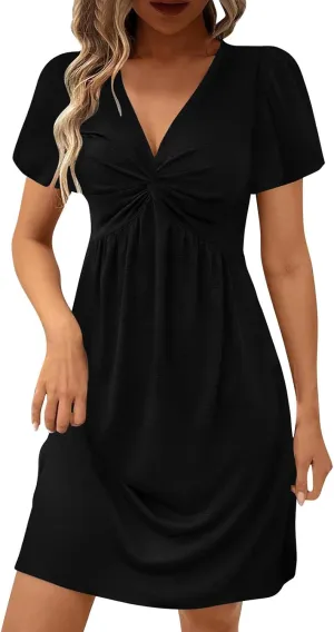 Women's Casual Summer Twist Front V Neck Ruffle Short Sleeve Mini Dress Sexy Elegant Club Party Tunic Mini Dresses