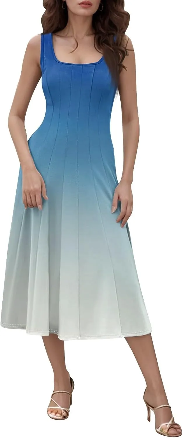 Womens Cocktail Sundresses,Formal Crew Neck Plus Size A Line Midi Dresses Casual Floral Smocked Flowy Tank Dress