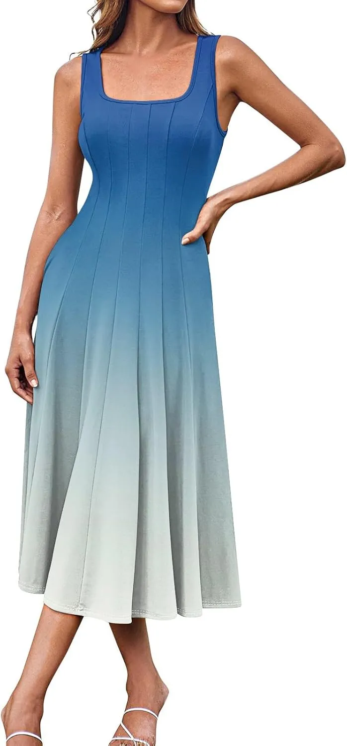 Womens Cocktail Sundresses,Formal Crew Neck Plus Size A Line Midi Dresses Casual Floral Smocked Flowy Tank Dress