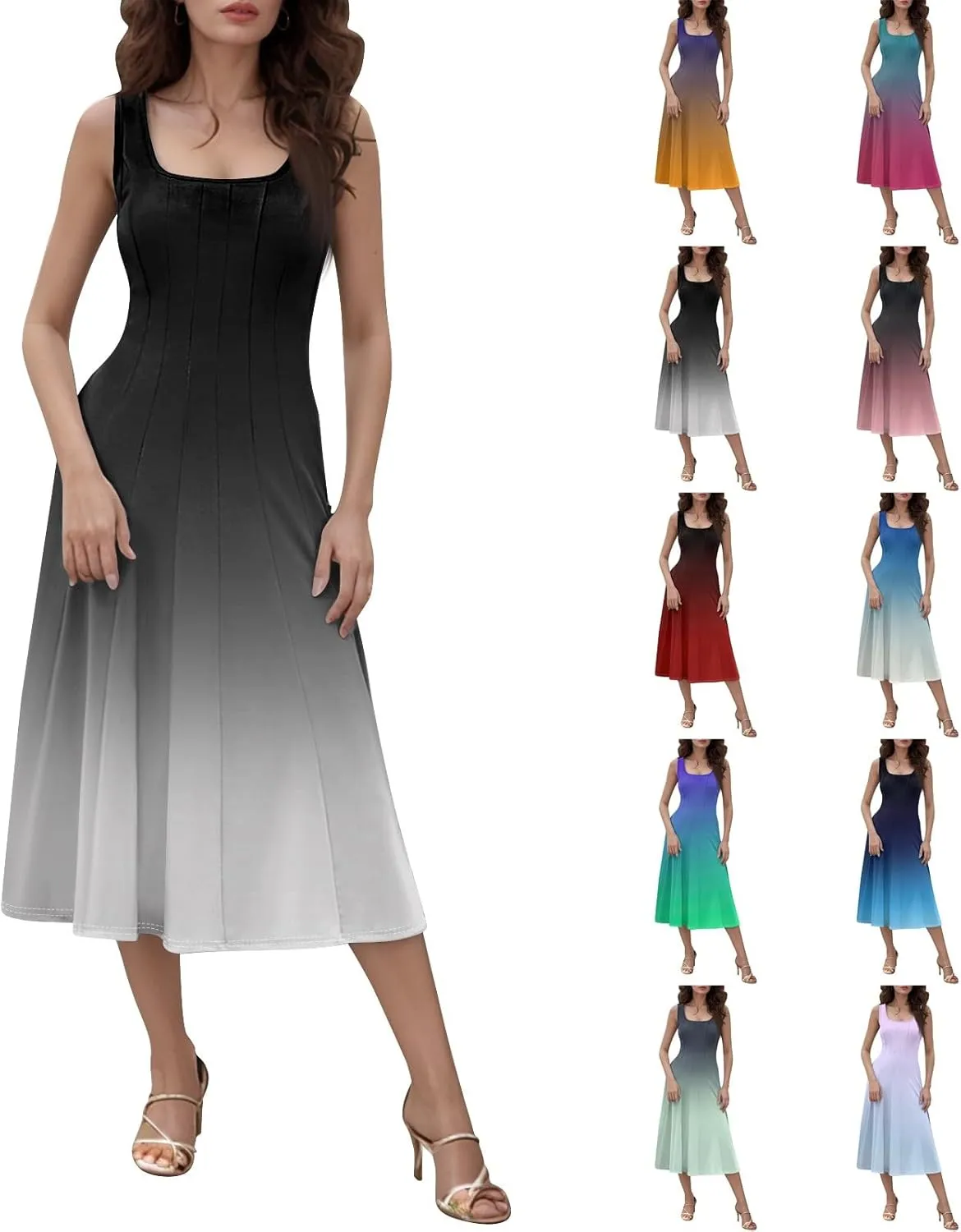 Womens Cocktail Sundresses,Formal Crew Neck Plus Size A Line Midi Dresses Casual Floral Smocked Flowy Tank Dress